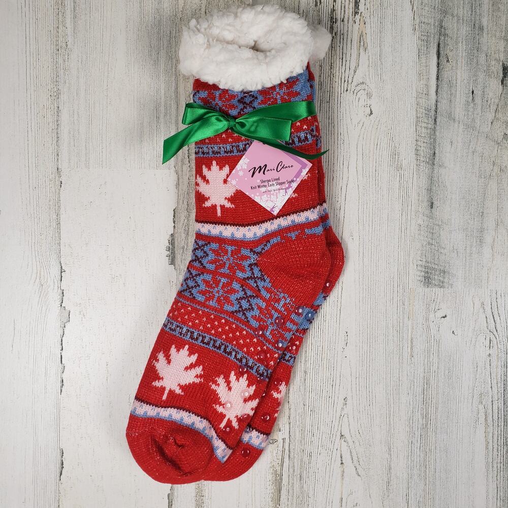 NWT Sherpa Lined Knit Winter Snowflake Leaf Design No-Slip Slipper Socks